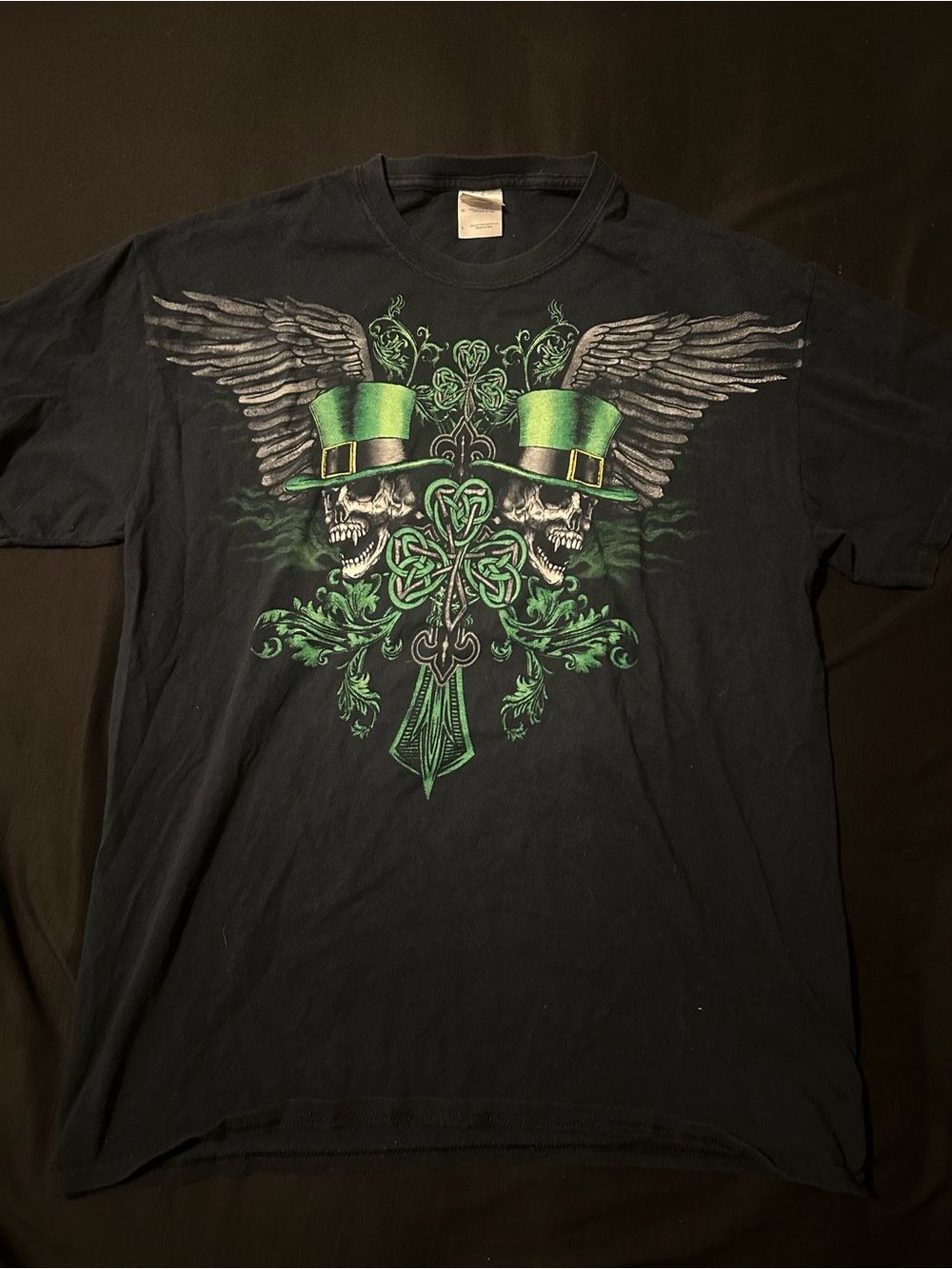 Gildan Black Short-Sleeve Tee with Green Celtic Skull Wing Graphic